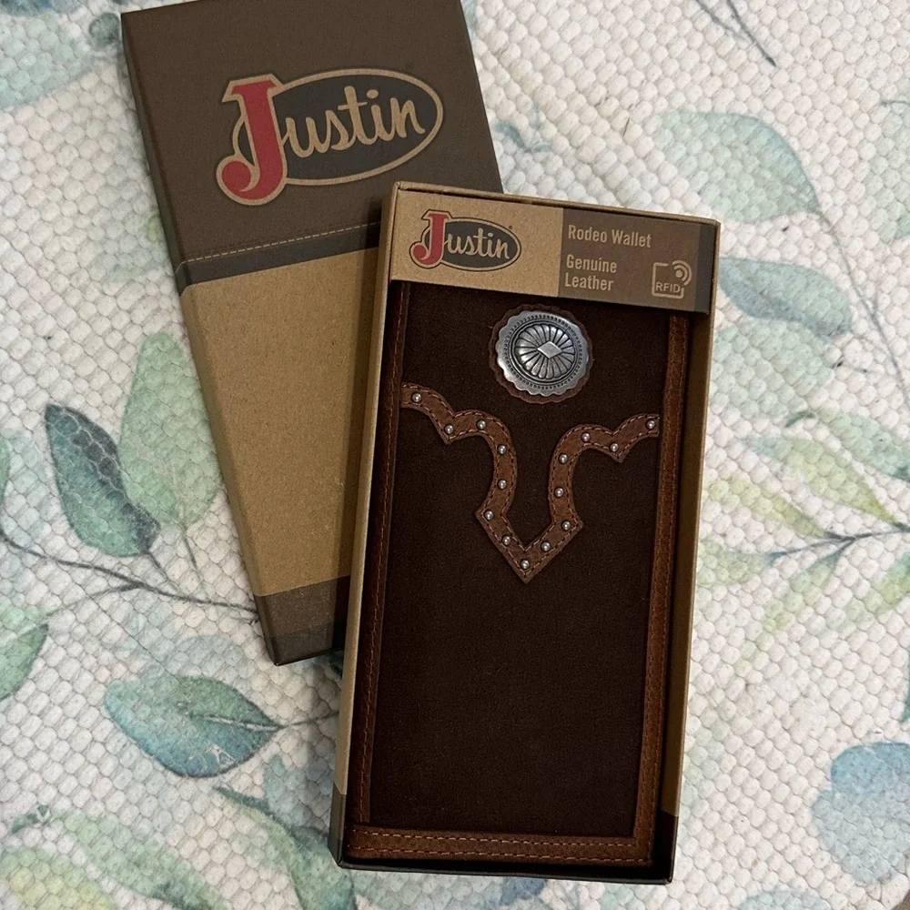 New Justin Boots Dark Brown Slim Bi Fold Leather Jr. Rodeo Wallet NIB